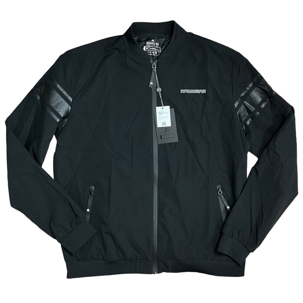 Raw Gear Jacket Mens‎ M Black Bomber Full Zip Lightweight Preppy Aviator Stripes